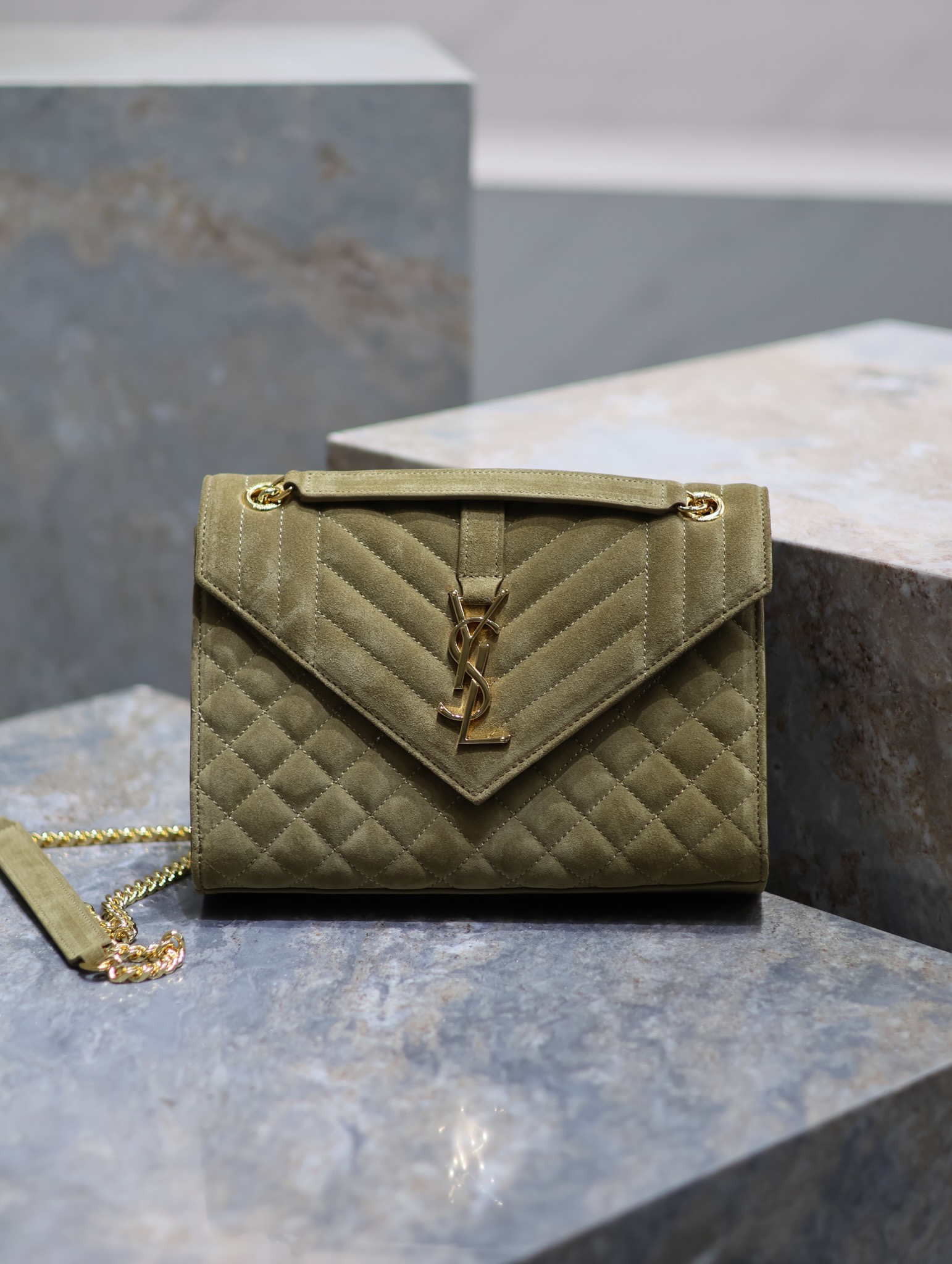 [TOP] Yves Saint Laurent YSL Envelope Chain Wallet Grain Leather - 2 Sizes - Army Green - GHW