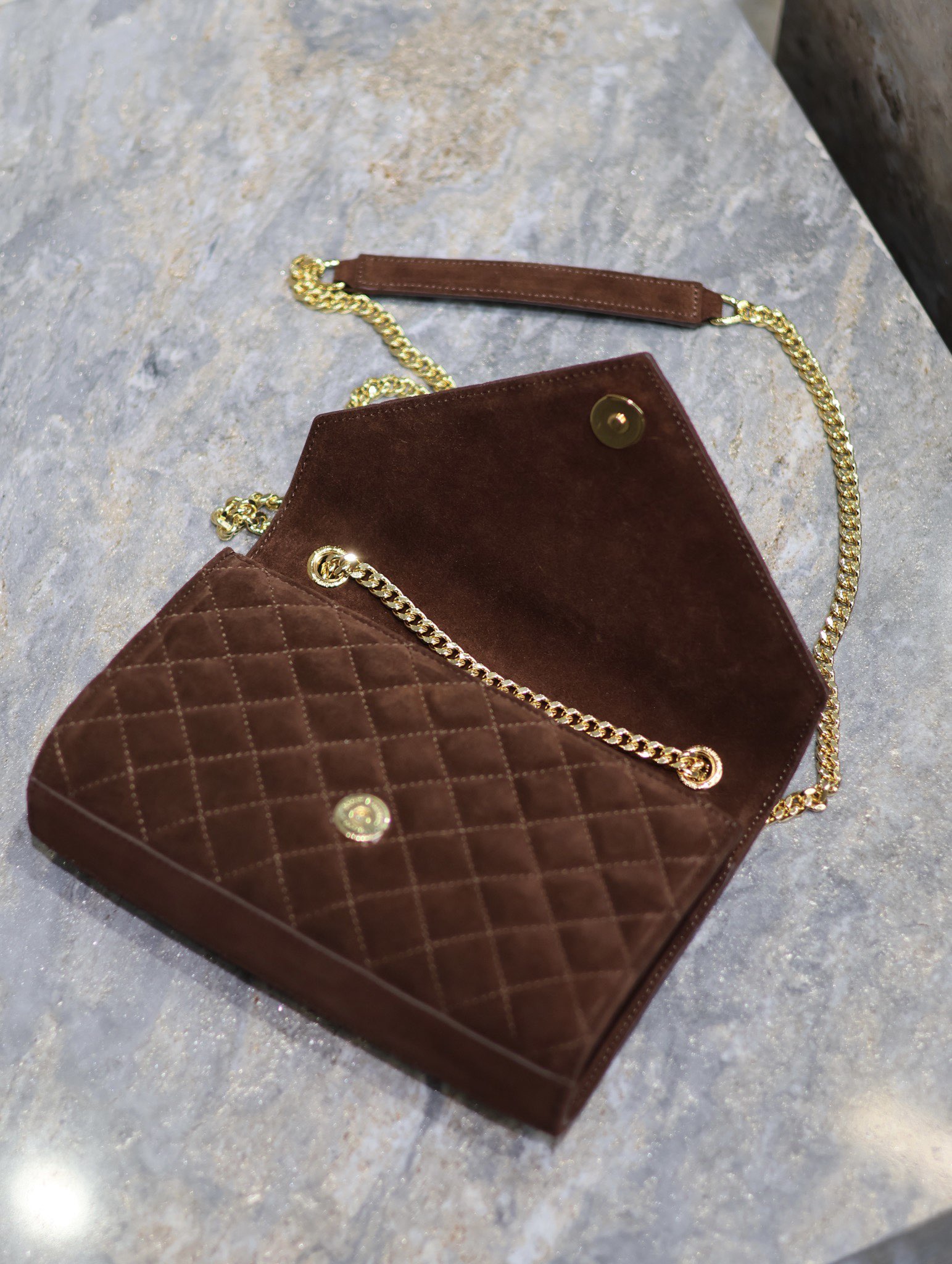 [TOP] Yves Saint Laurent YSL Envelope Chain Wallet Grain Leather - 2 Sizes - Reddish Brown - GHW