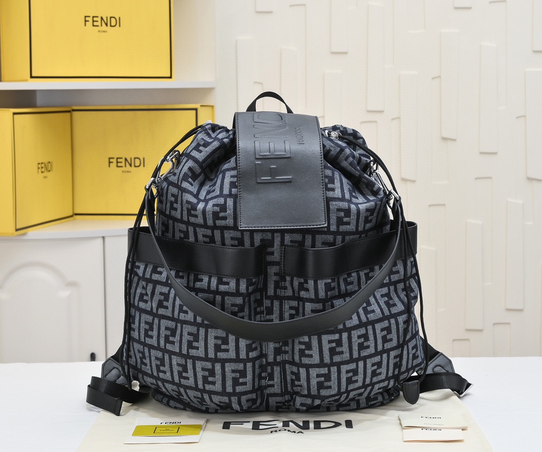 [TOP] FENDI Large Jacquard Fabric Backpack - 32×16×36cm - Black