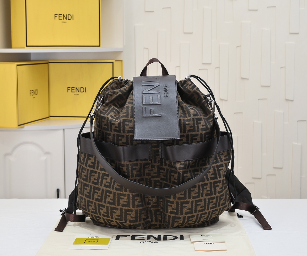 [TOP] FENDI Large Jacquard Fabric Backpack - 32×16×36cm - Black