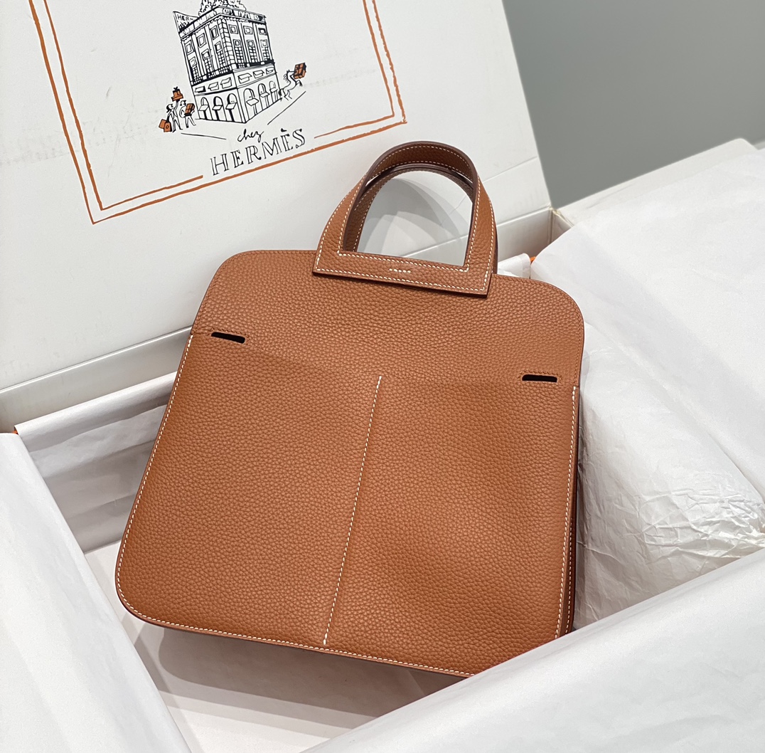 [TOP] HERMES  Clemence Leather Halzan Bag 25cm - Golden Brown