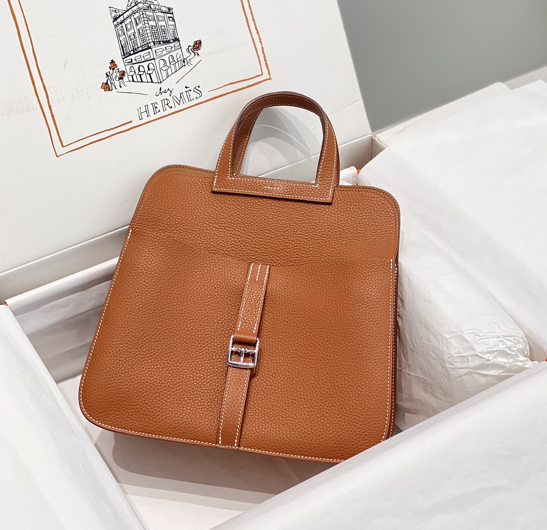 [TOP] HERMES  Clemence Leather Halzan Bag 25cm - Golden Brown