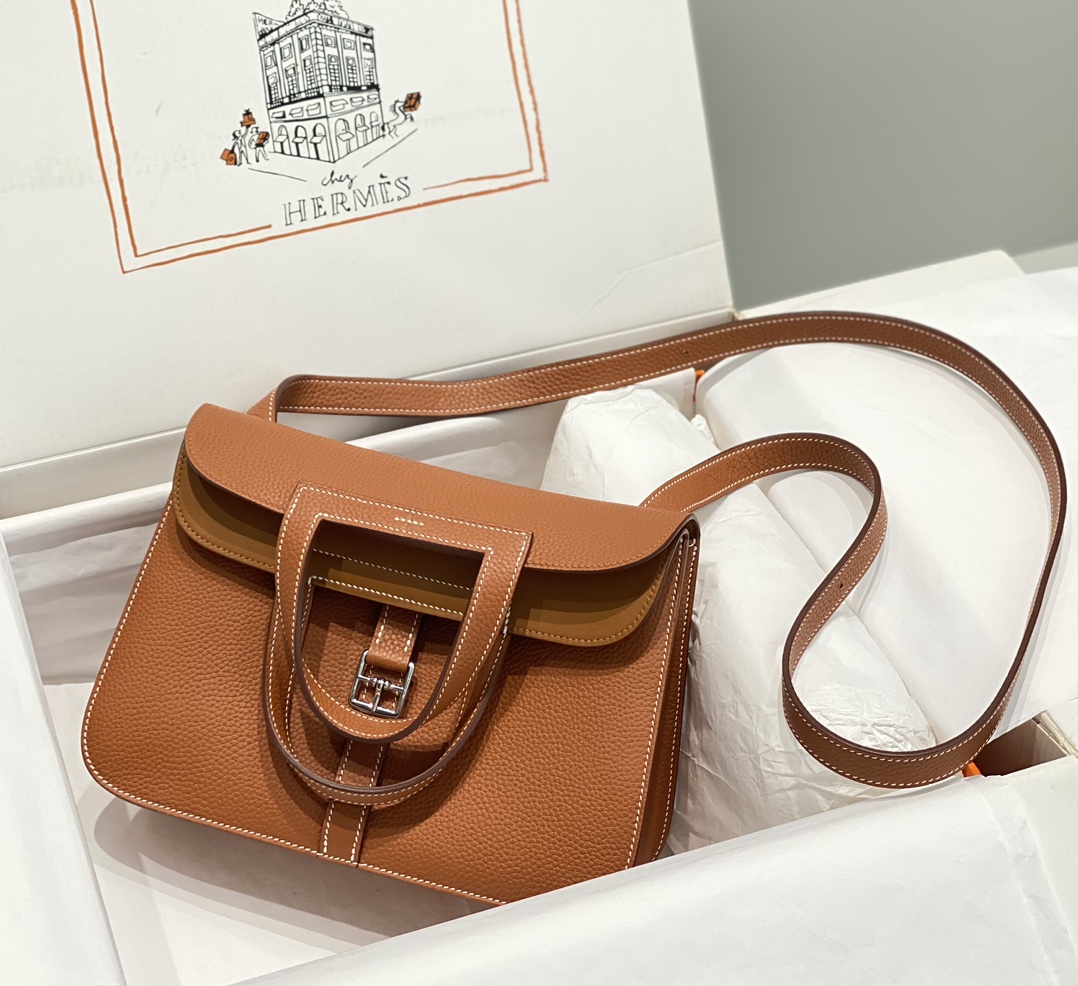 [TOP] HERMES  Clemence Leather Halzan Bag 25cm - Golden Brown
