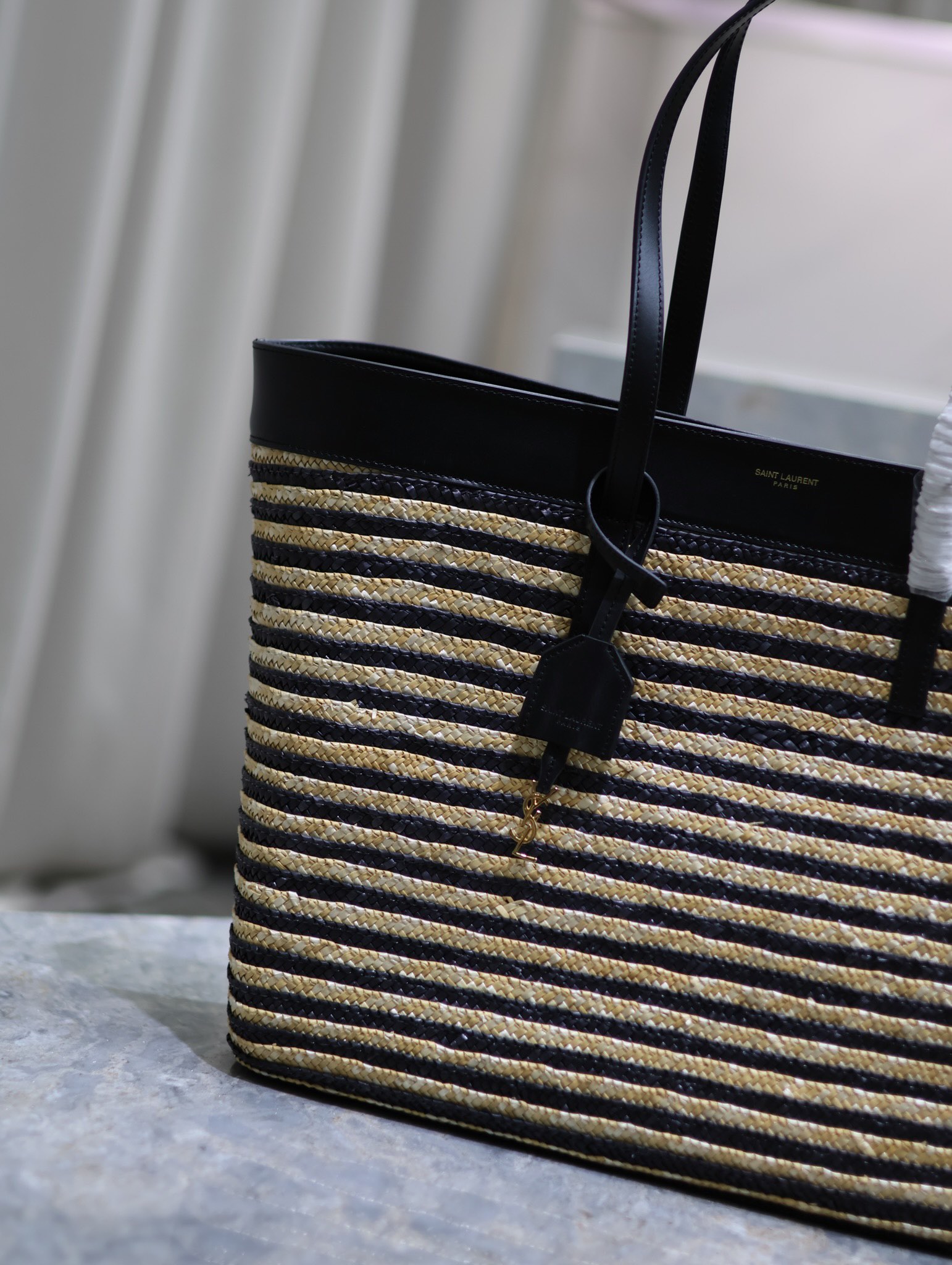 [TOP] Yves Saint Laurent YSL Braid Shopping Tote Bag - 38×28×13cm - Black&GHW