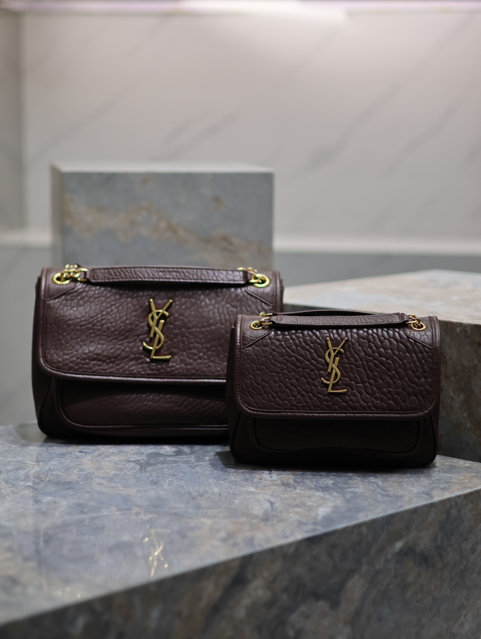 [TOP] Yves Saint Laurent YSL Niki Retro Sheepskin Bag - Coffee Colors - 2 Size&GHW