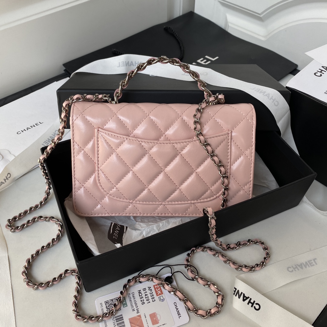 [TOP] CHANEL Black Silver Rhinestone Handle Organ Cowhide Bag 19cm - Pink