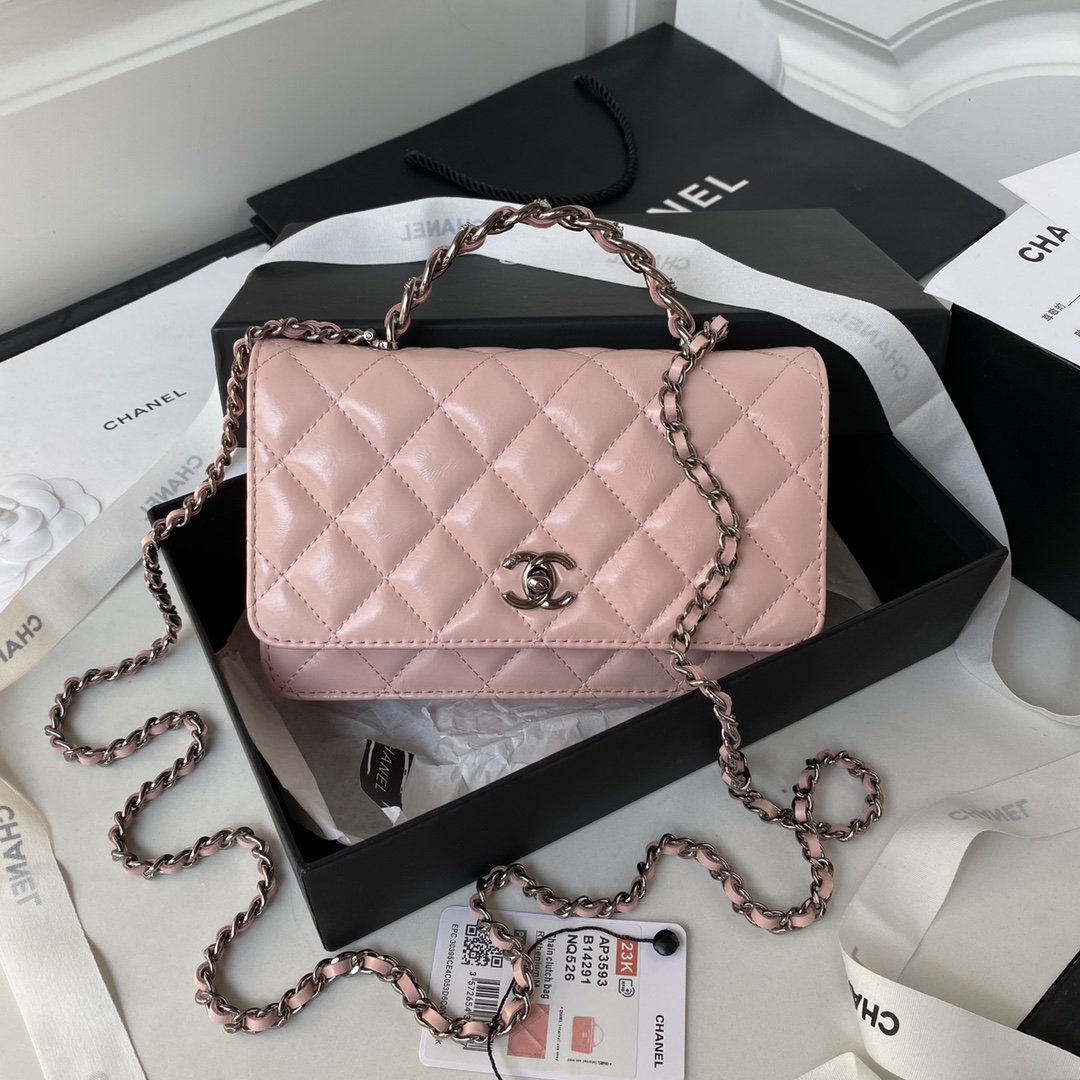 [TOP] CHANEL Black Silver Rhinestone Handle Organ Cowhide Bag 19cm - Pink