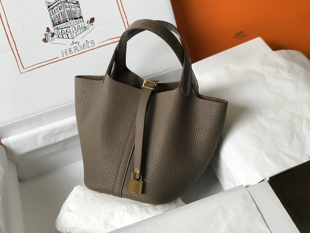 [TOP] HERMES TC Leather With Imitation Crocodile Bag 18cm/22cm - Etoupe&GHW