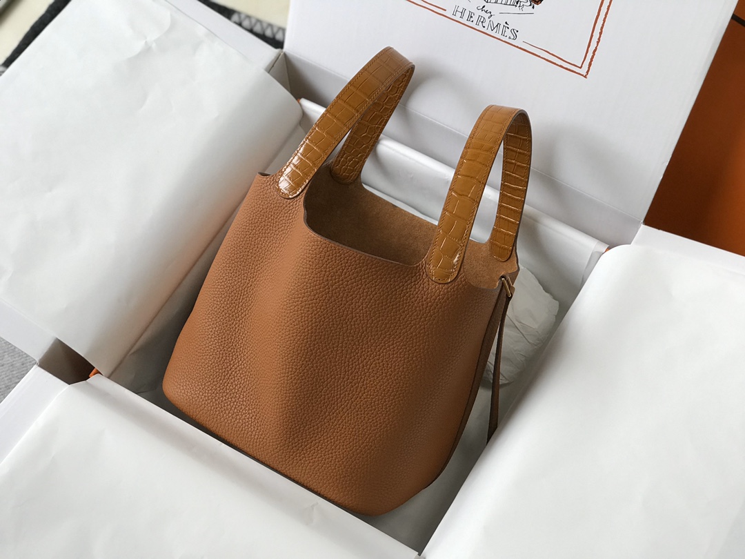 [TOP] HERMES TC Leather With Imitation Crocodile Bag  18cm/22cm - Gold&GHW