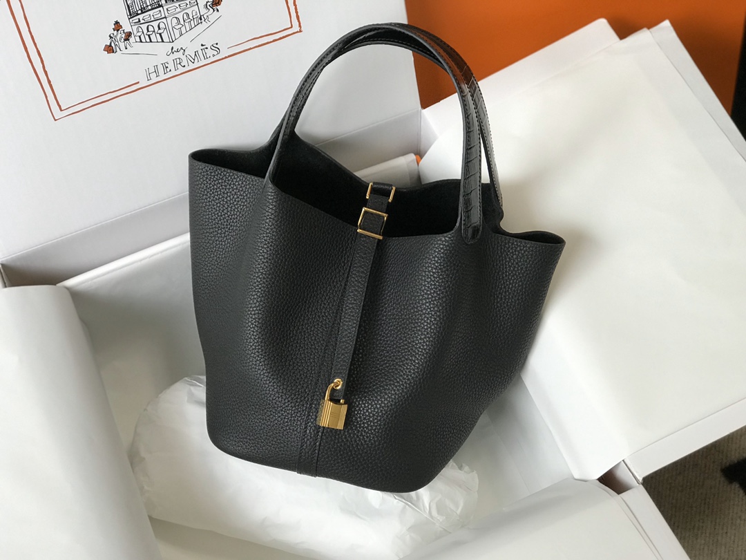 [TOP] HERMES TC Leather With Imitation Crocodile Bag 18cm/22cm - Black&GHW