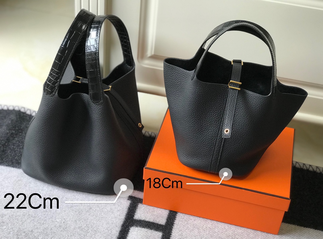 [TOP] HERMES TC Leather With Imitation Crocodile Bag 18cm/22cm - Black&GHW