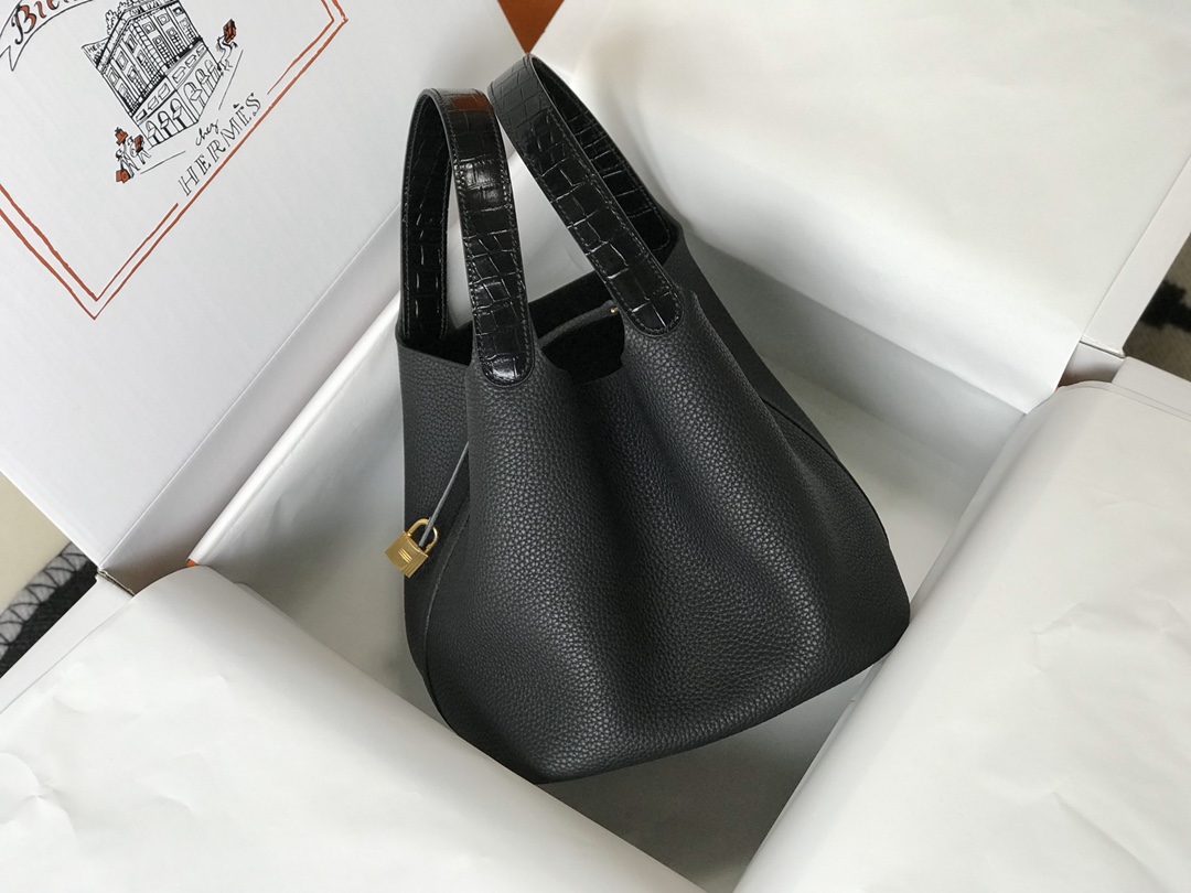 [TOP] HERMES TC Leather With Imitation Crocodile Bag 18cm/22cm - Black&GHW