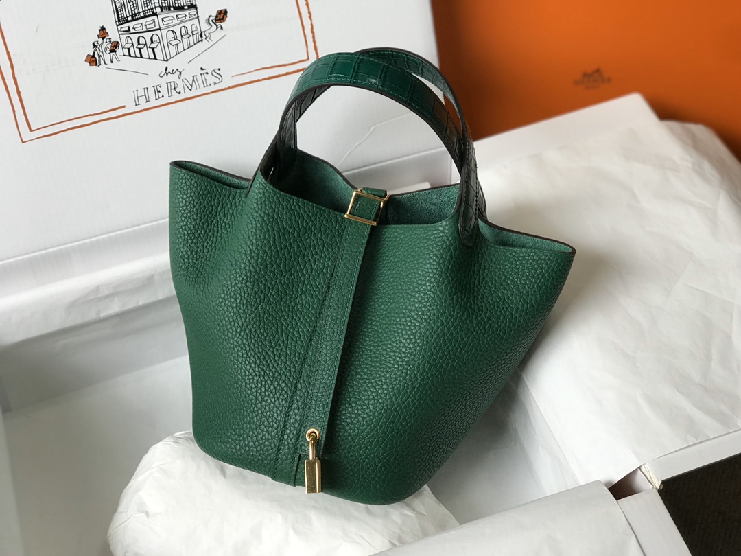 [TOP] HERMES TC Leather With Imitation Crocodile Bag - Vert Vertigo&GHW