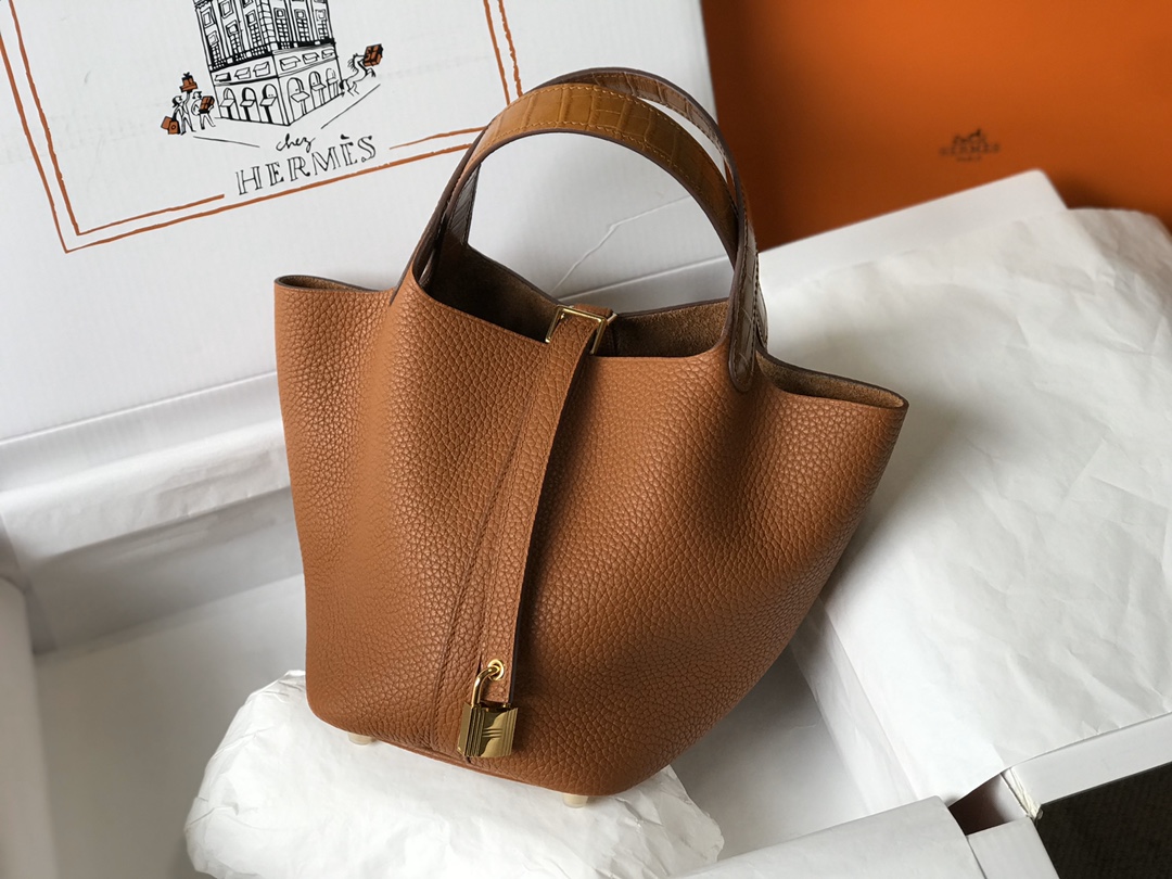 [TOP] HERMES TC Leather With Imitation Crocodile Bag  18cm/22cm - Gold&GHW