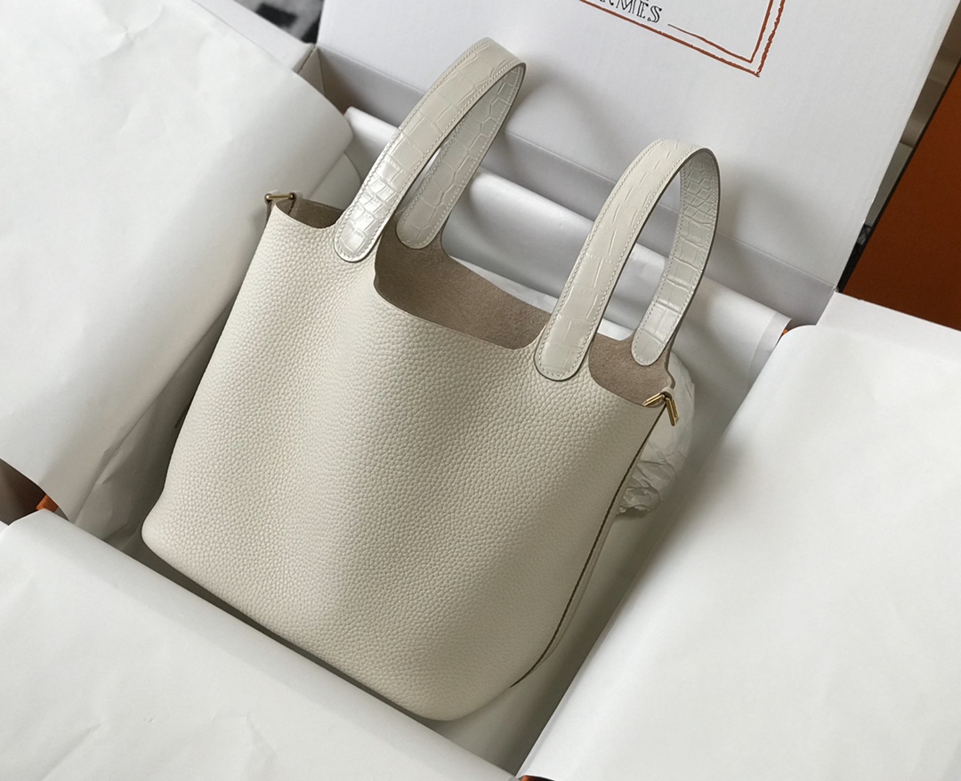 [TOP] HERMES TC Leather With Imitation Crocodile Bag 18cm/22cm - Craie&GHW