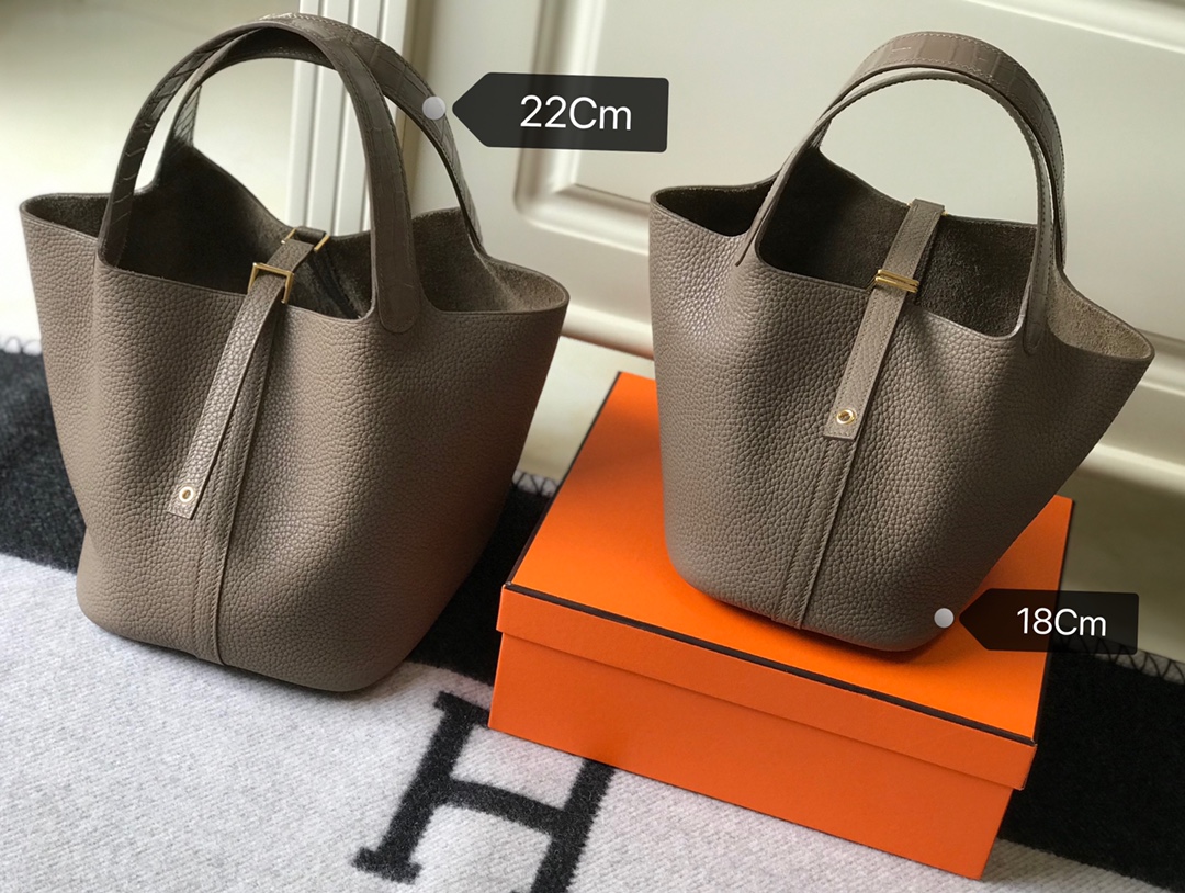 [TOP] HERMES TC Leather With Imitation Crocodile Bag 18cm/22cm - Etoupe&GHW