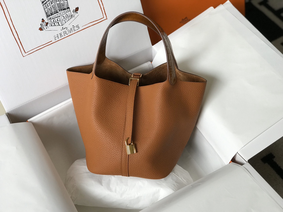 [TOP] HERMES TC Leather With Imitation Crocodile Bag  18cm/22cm - Gold&GHW