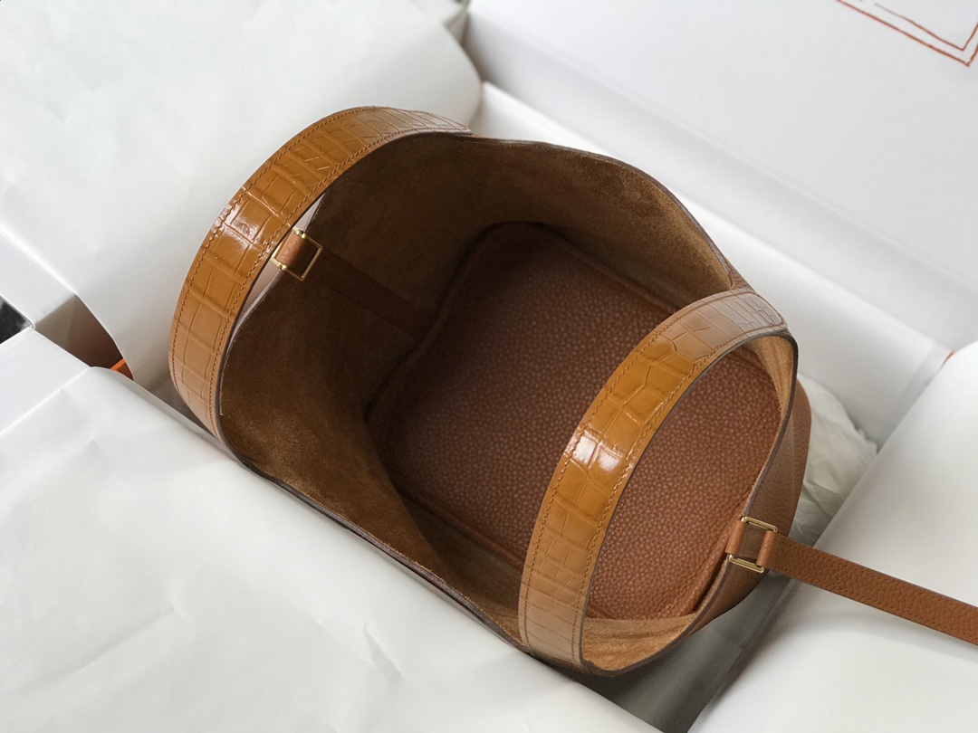 [TOP] HERMES TC Leather With Imitation Crocodile Bag  18cm/22cm - Gold&GHW