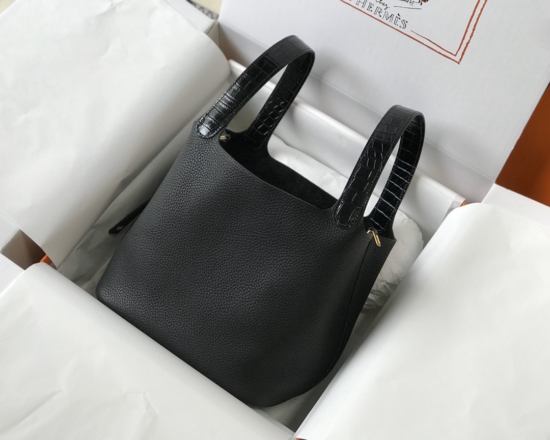 [TOP] HERMES TC Leather With Imitation Crocodile Bag 18cm/22cm - Black&GHW
