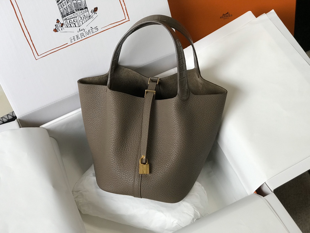 [TOP] HERMES TC Leather With Imitation Crocodile Bag 18cm/22cm - Etoupe&GHW