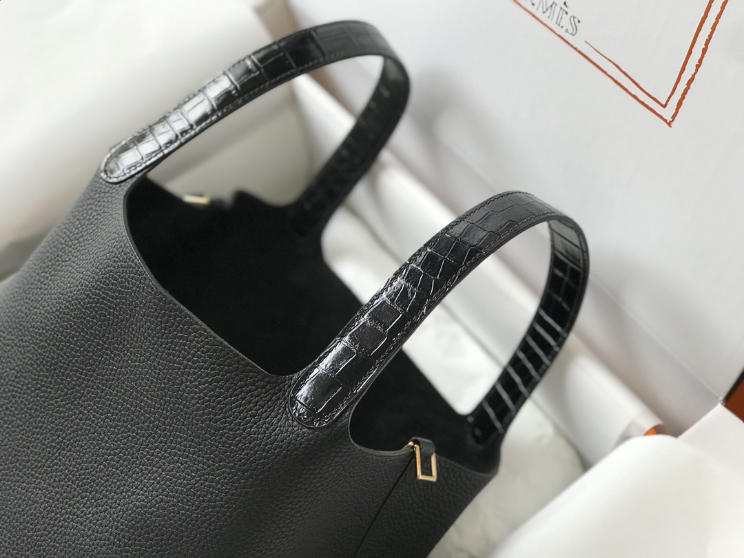 [TOP] HERMES TC Leather With Imitation Crocodile Bag 18cm/22cm - Black&GHW