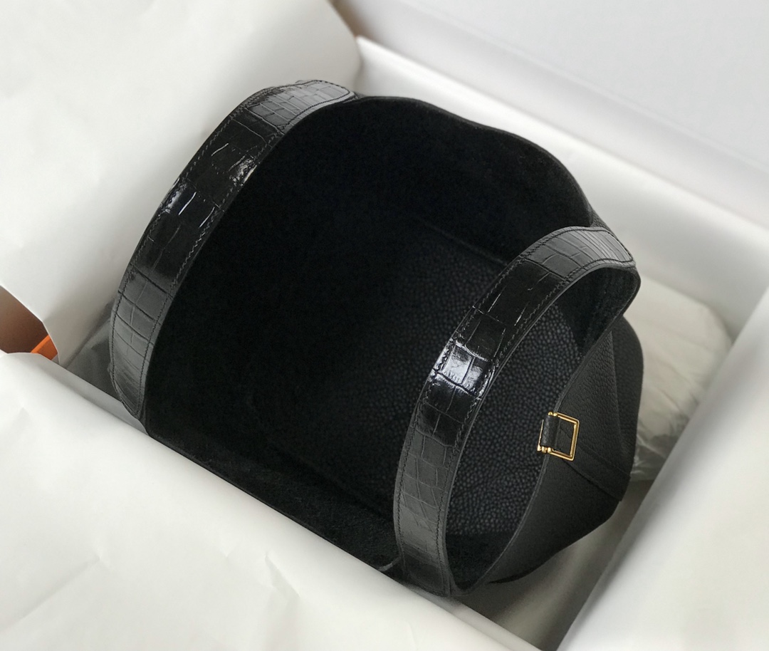 [TOP] HERMES TC Leather With Imitation Crocodile Bag 18cm/22cm - Black&GHW