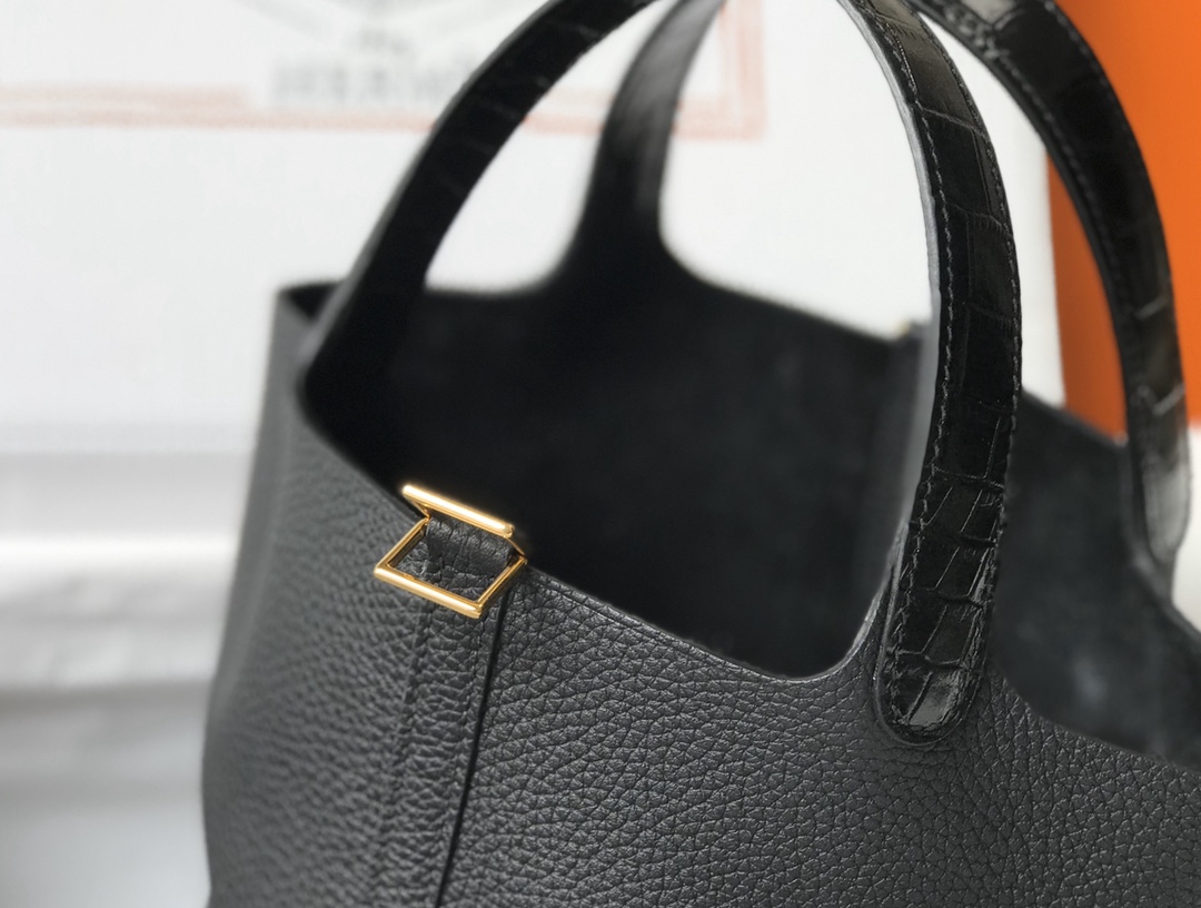 [TOP] HERMES TC Leather With Imitation Crocodile Bag 18cm/22cm - Black&GHW