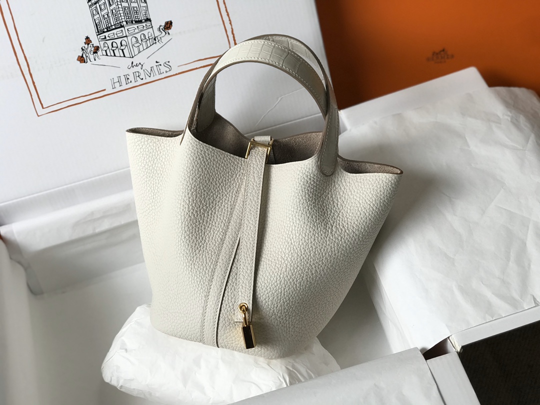 [TOP] HERMES TC Leather With Imitation Crocodile Bag 18cm/22cm - Craie&GHW
