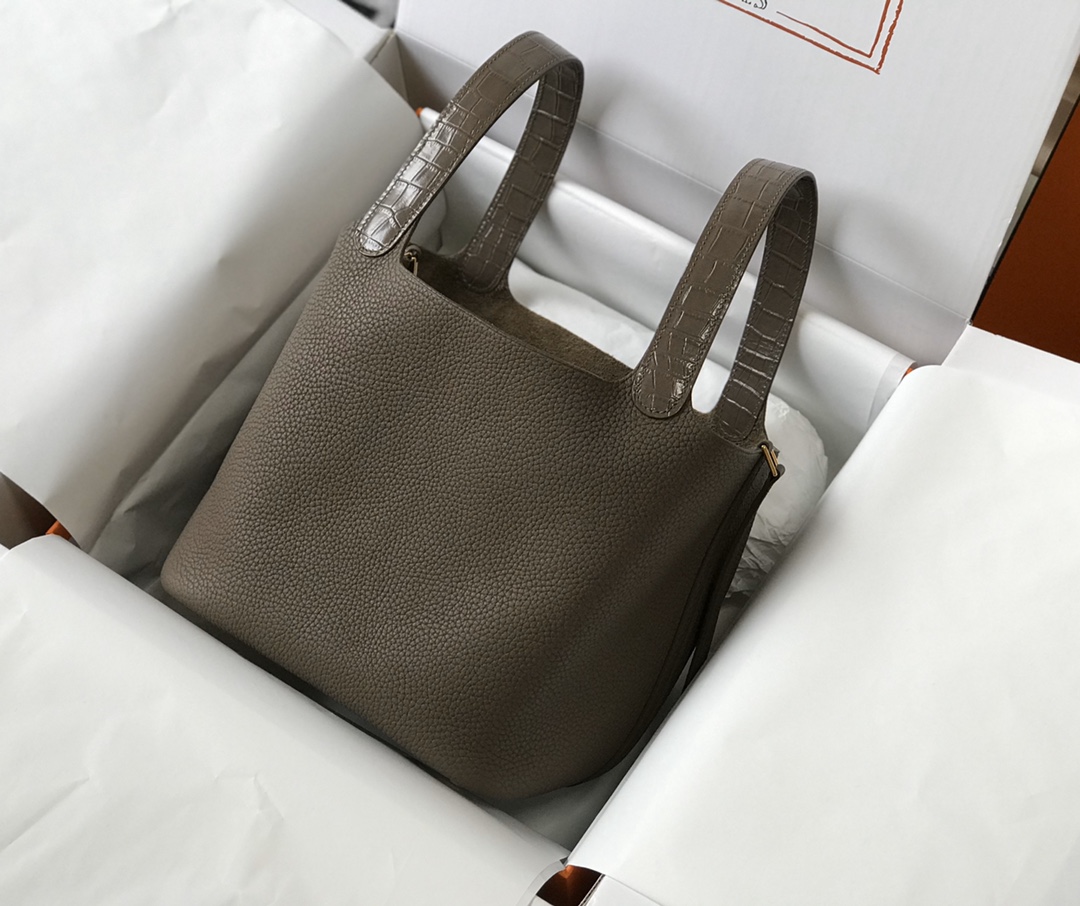 [TOP] HERMES TC Leather With Imitation Crocodile Bag 18cm/22cm - Etoupe&GHW