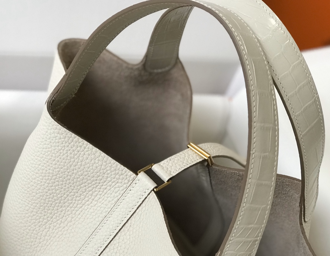 [TOP] HERMES TC Leather With Imitation Crocodile Bag 18cm/22cm - Craie&GHW