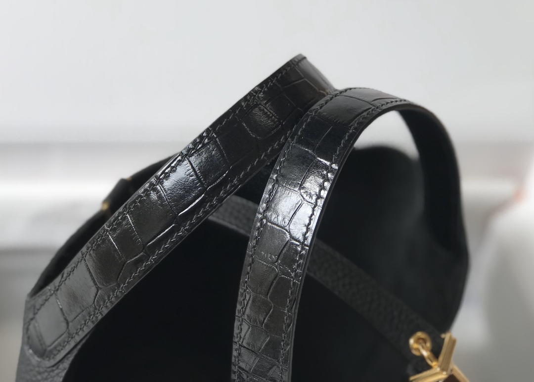 [TOP] HERMES TC Leather With Imitation Crocodile Bag 18cm/22cm - Black&GHW