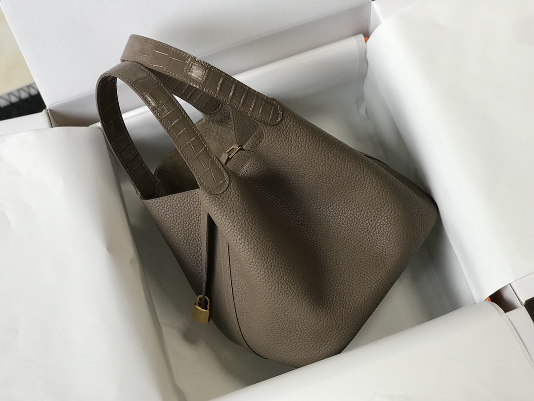 [TOP] HERMES TC Leather With Imitation Crocodile Bag 18cm/22cm - Etoupe&GHW