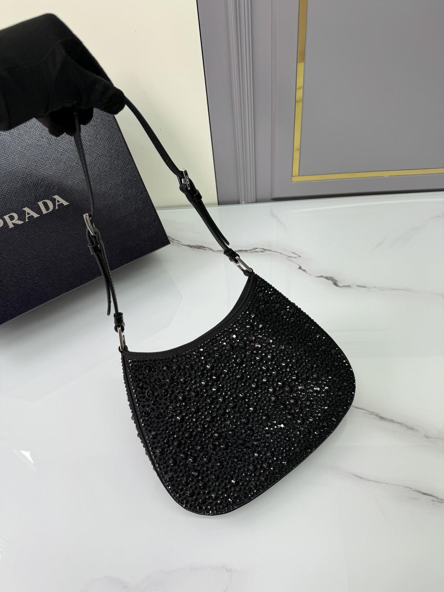 [TOP] PRADA Cleo Armpit Bag with Gypsophila Satin 22x18.5x4.5cm - Black