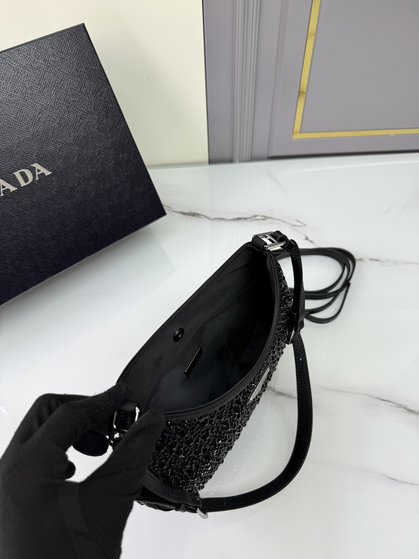 [TOP] PRADA Cleo Armpit Bag with Gypsophila Satin 22x18.5x4.5cm - Black