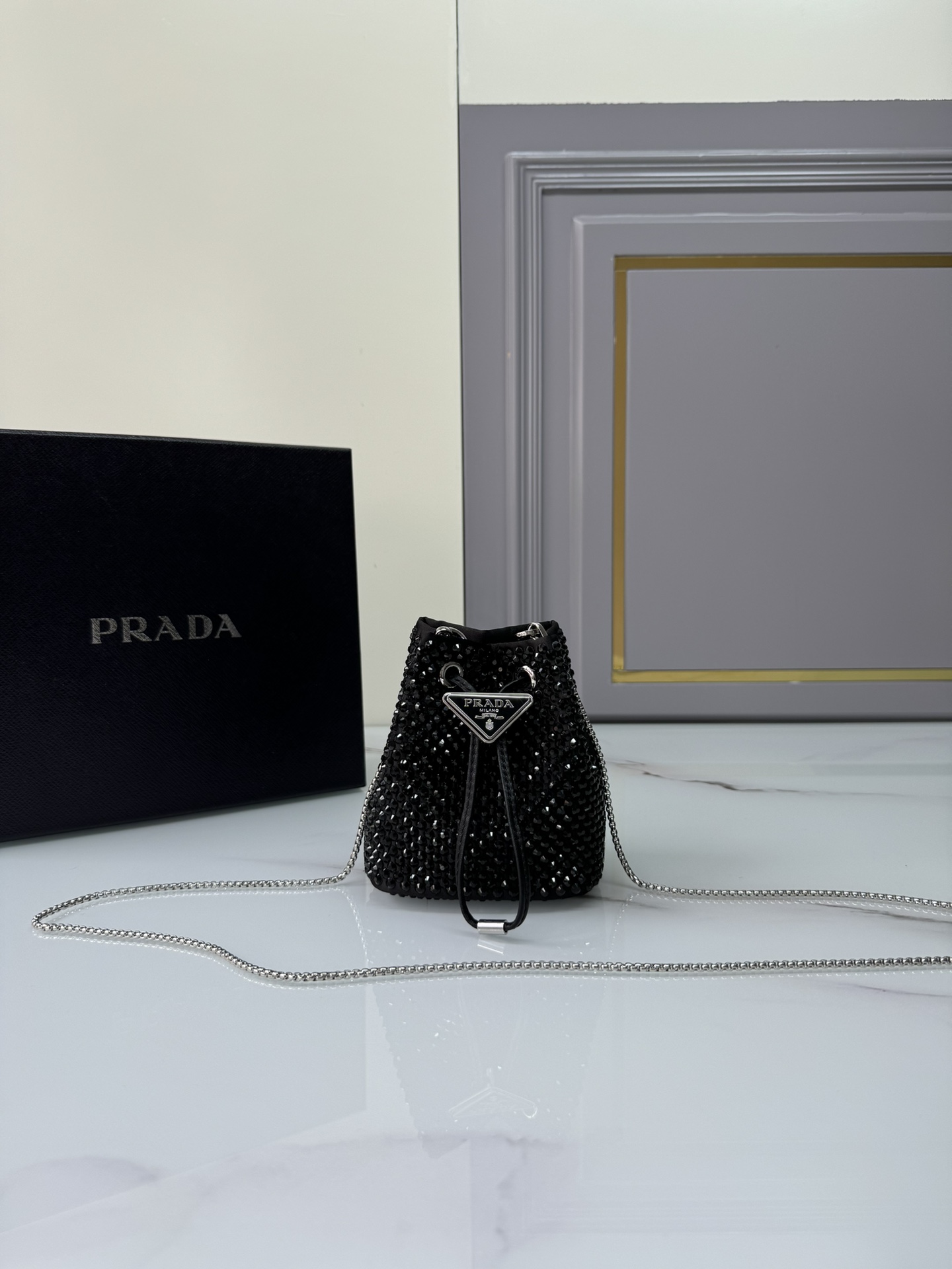 [TOP] PRADA Crystal Bucket Bag Satin 9x9.5x6cm/16x21x10cm - Black