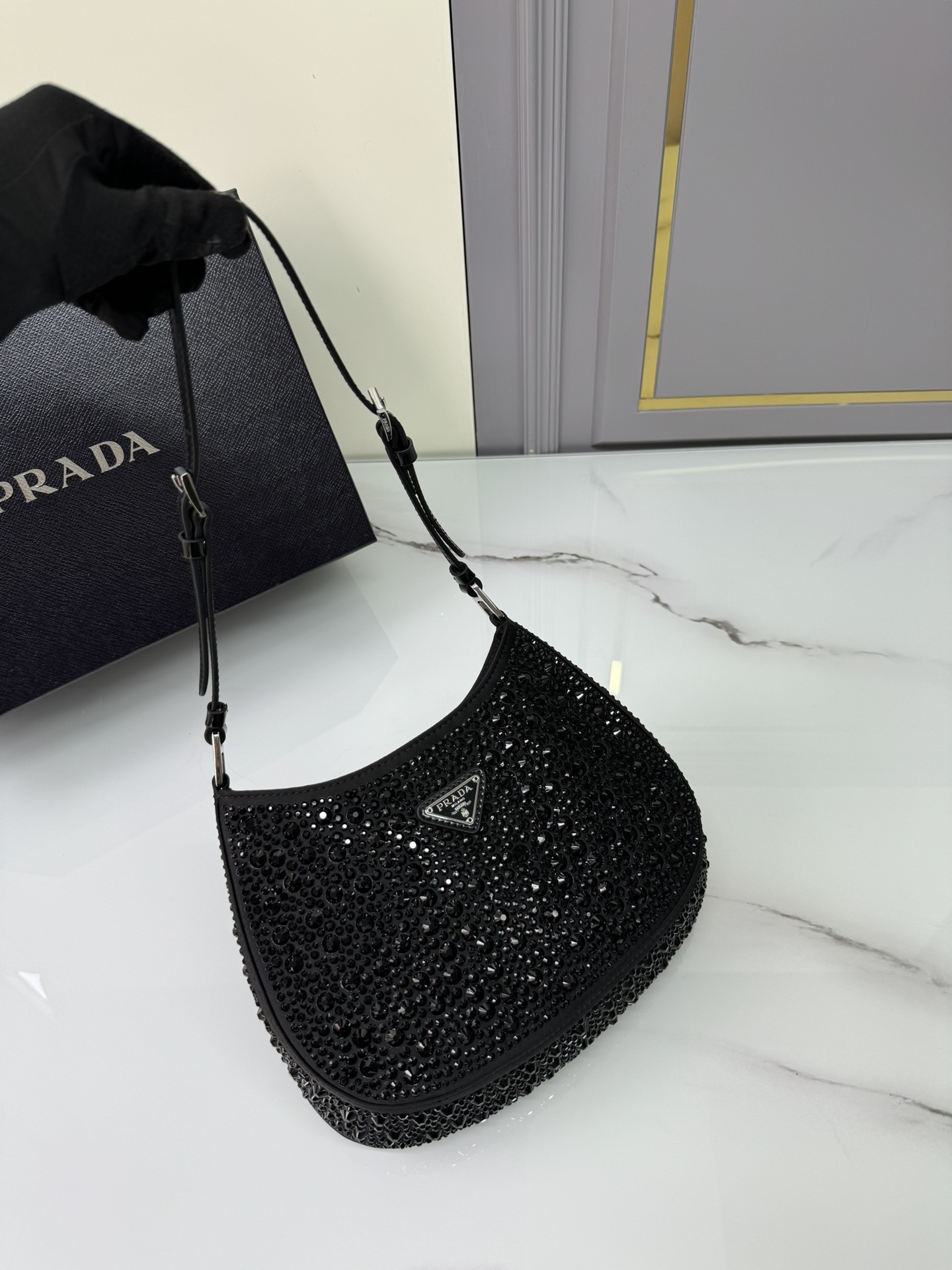 [TOP] PRADA Cleo Armpit Bag with Gypsophila Satin 22x18.5x4.5cm - Black