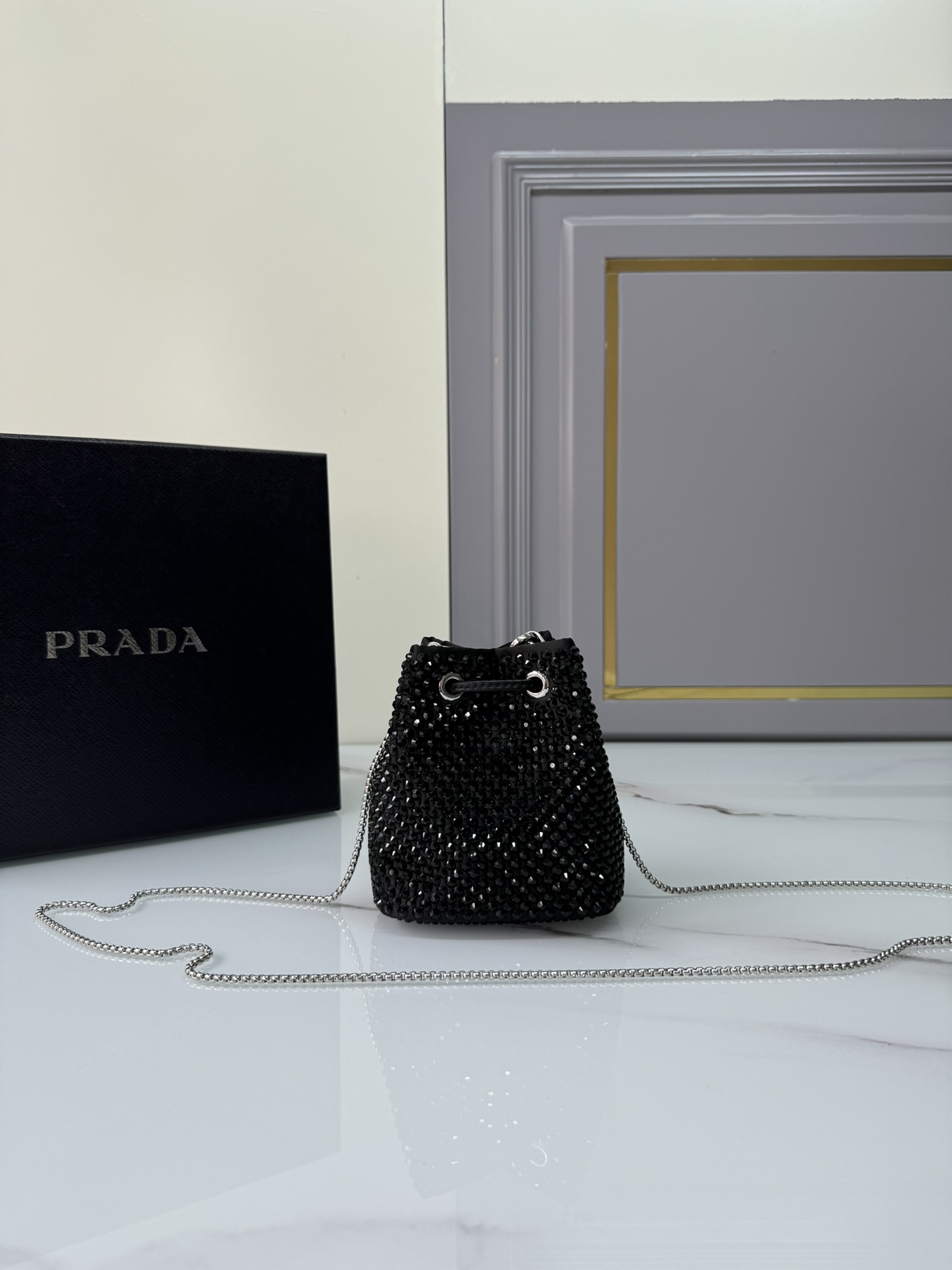 [TOP] PRADA Crystal Bucket Bag Satin 9x9.5x6cm/16x21x10cm - Black