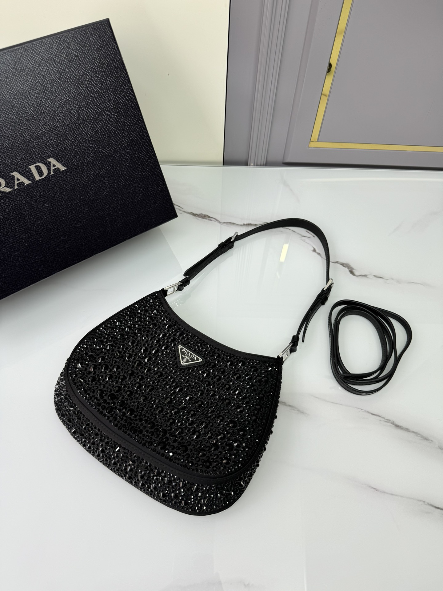[TOP] PRADA Cleo Armpit Bag with Gypsophila Satin 22x18.5x4.5cm - Black