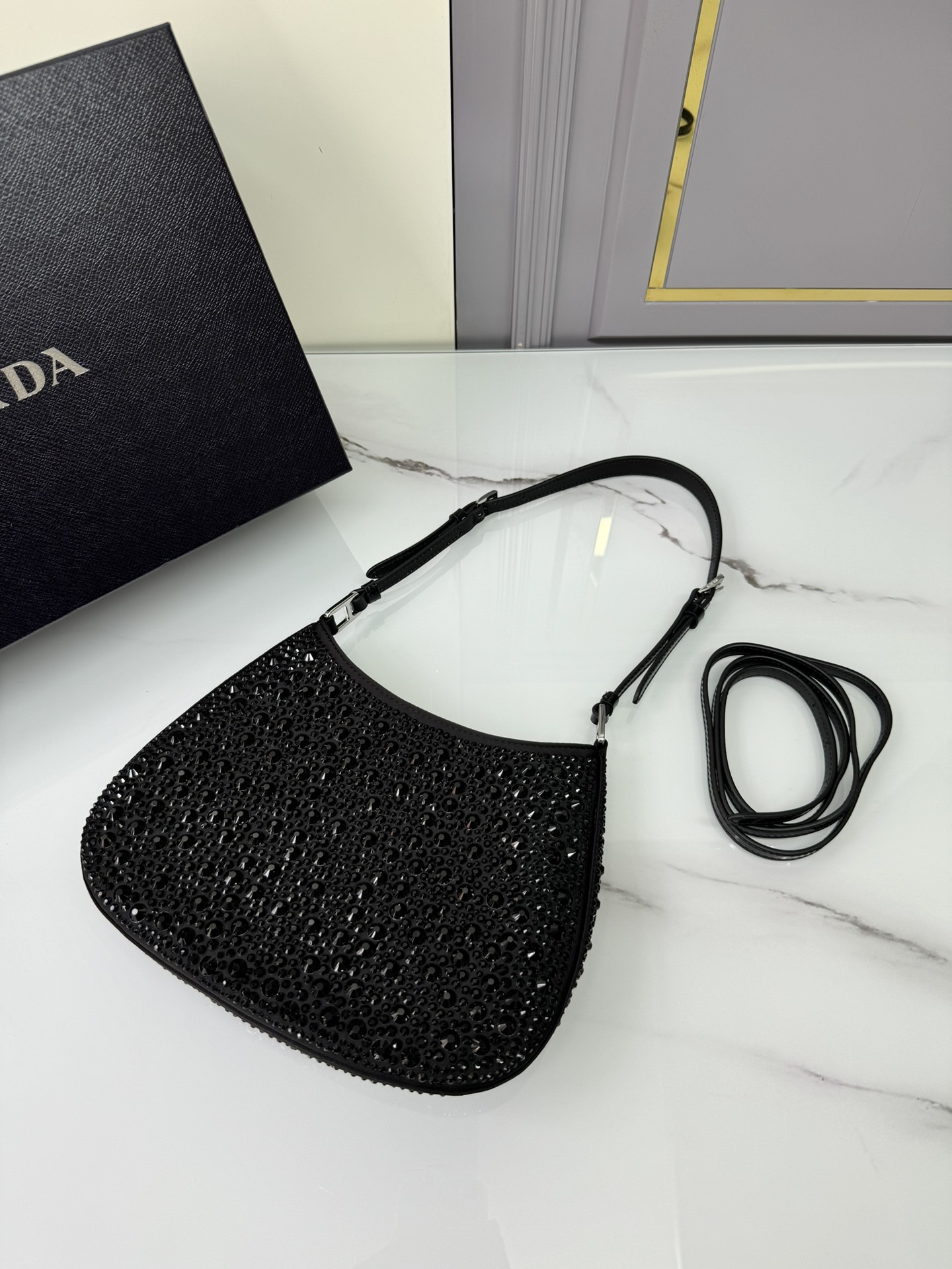 [TOP] PRADA Cleo Armpit Bag with Gypsophila Satin 22x18.5x4.5cm - Black