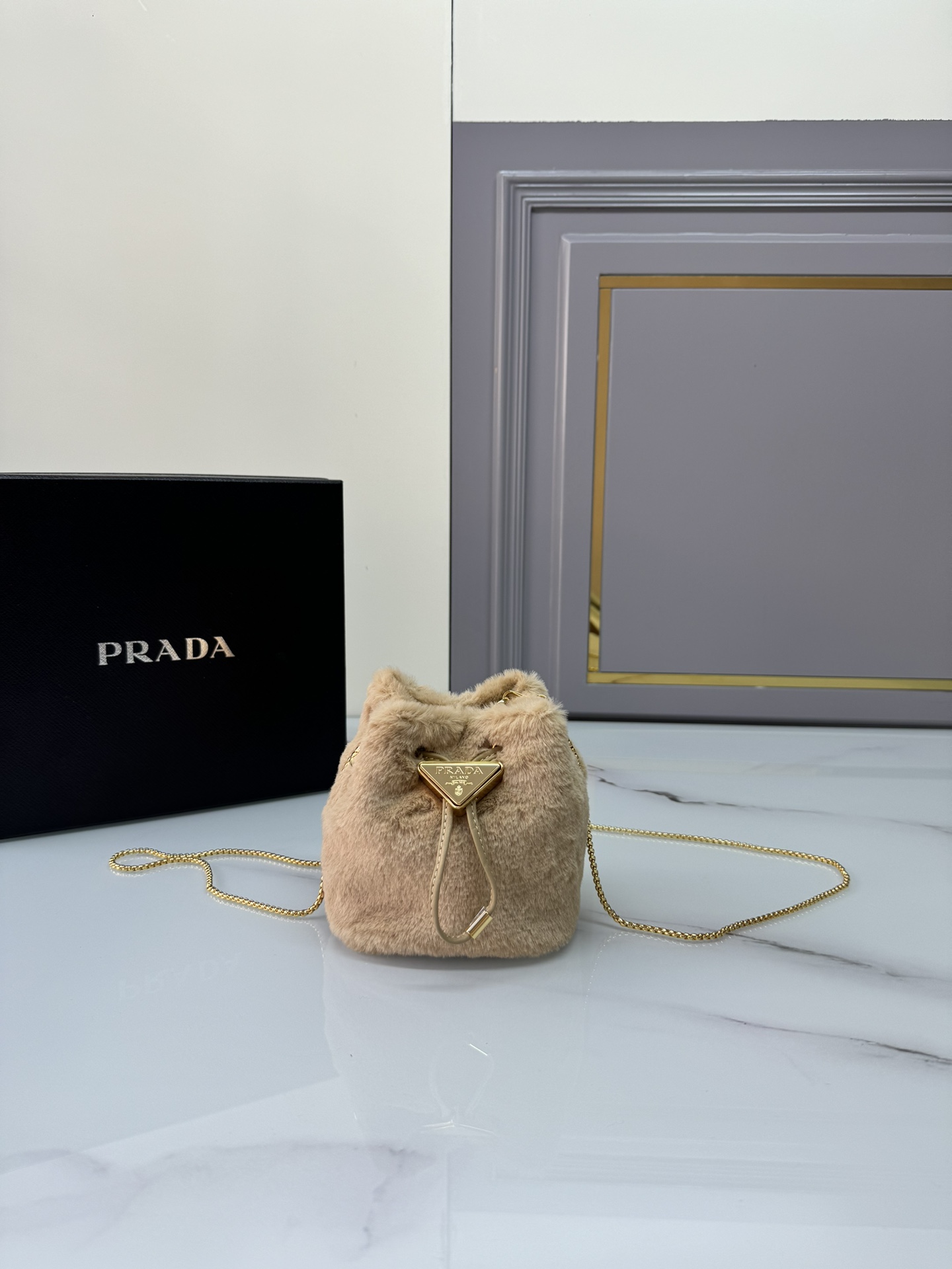 [TOP] PRADA Bucket Bag Wool & Leather Mini 9x9.5x6cm - Black
