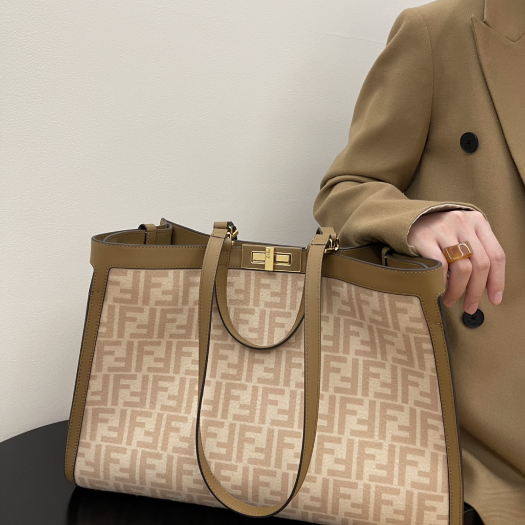 [TOP] FENDI Double FF Flannel Peekaboo Bags - 41x16x30cm - GHW&Apricot