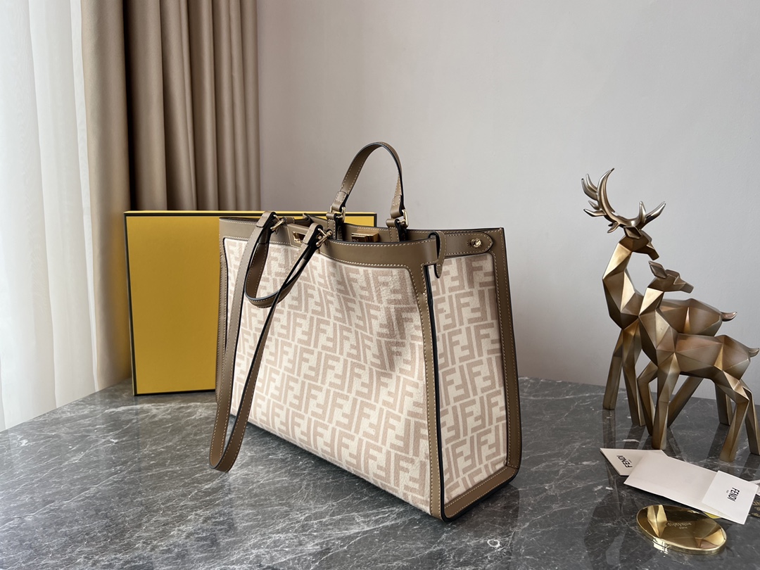 [TOP] FENDI Double FF Flannel Peekaboo Bags - 41x16x30cm - GHW&Apricot