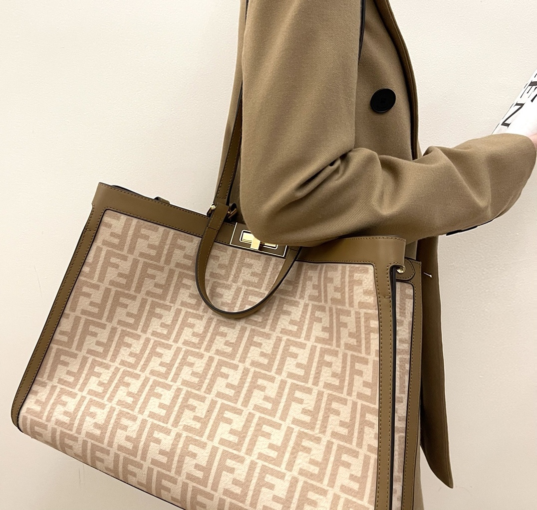 [TOP] FENDI Double FF Flannel Peekaboo Bags - 41x16x30cm - GHW&Apricot