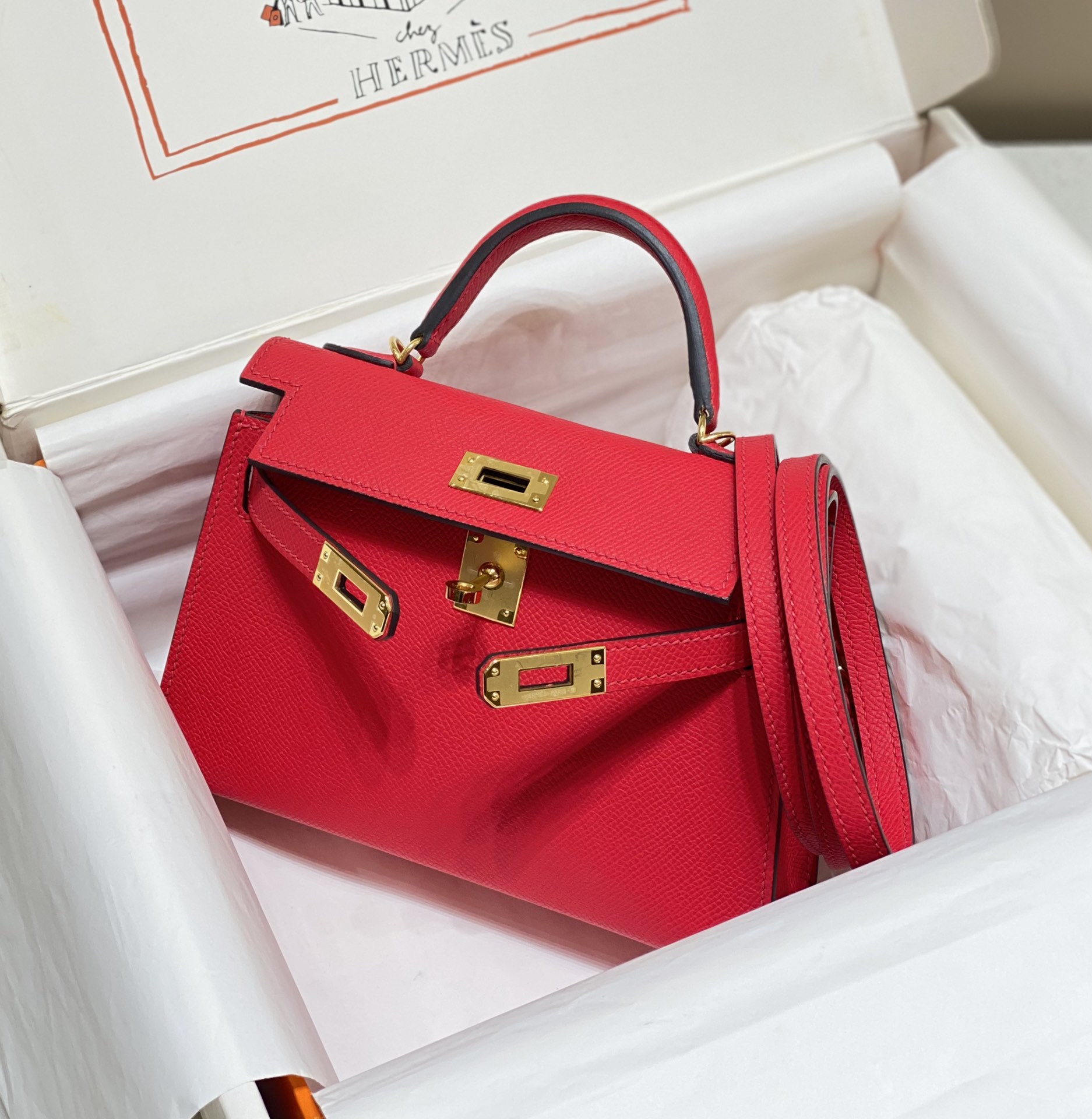 [TOP] HERMES Epsom Kelly Mini 19 CM - National Flag Red & GHW