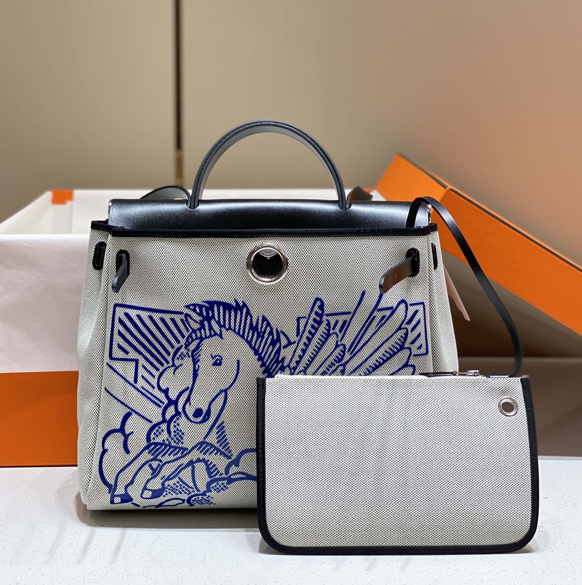 [TOP] HERMES Herbag Zip Handbag 31cm - Blue&SHW