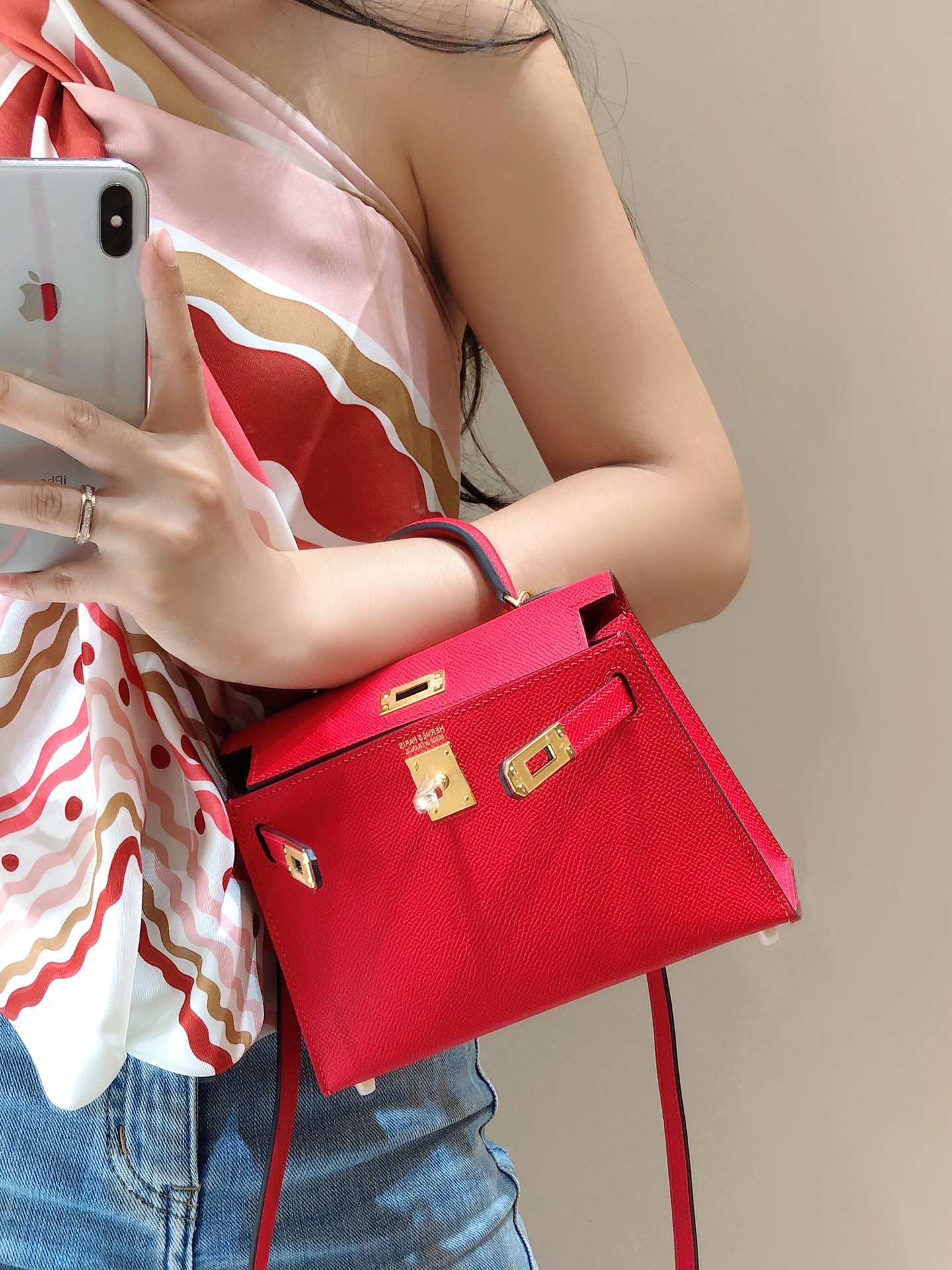 [TOP] HERMES Epsom Kelly Mini 19 CM - National Flag Red & GHW