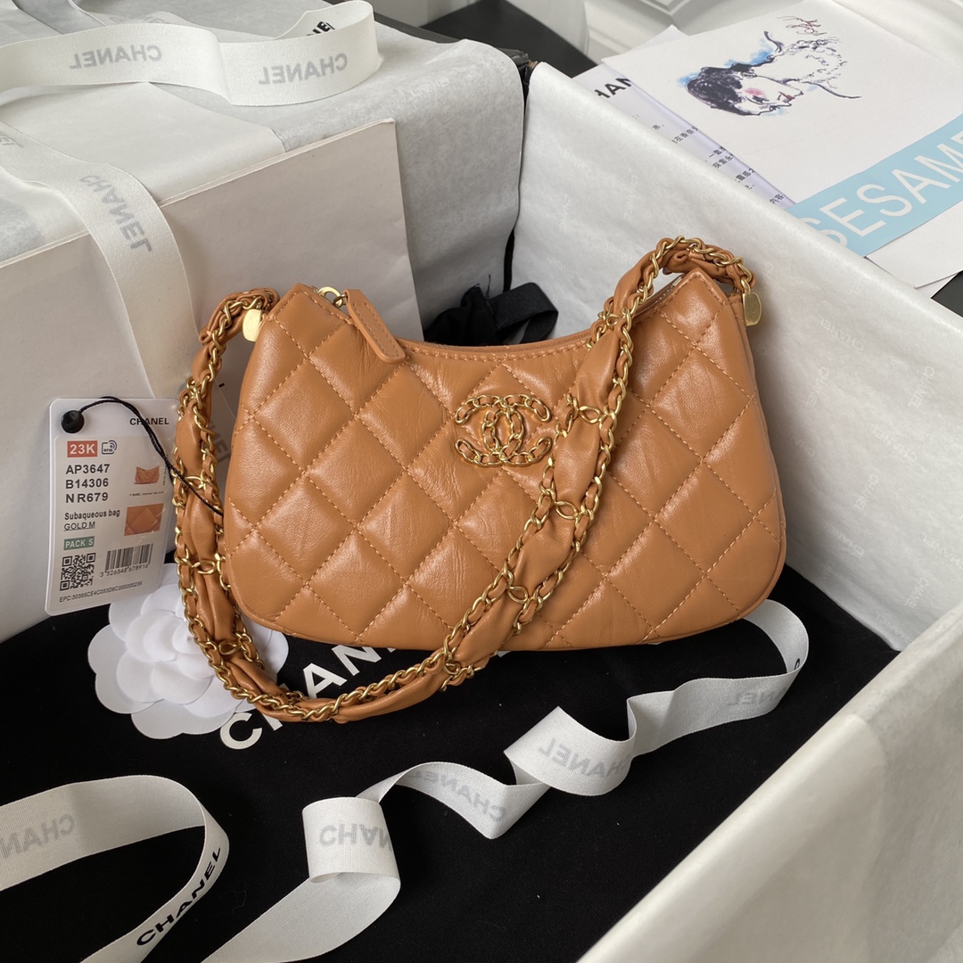 [TOP] CHANEL Hobo 23khobo Wrinkled Cowhide Bag - GHW&Brown - 13.5×23.5×5.3cm/12×20.5×4.5cm