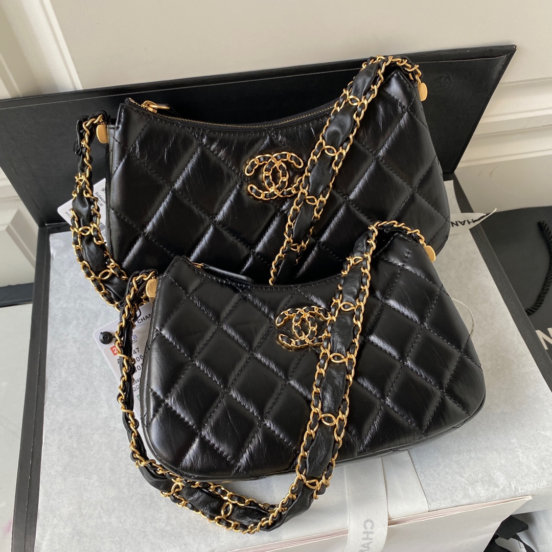 [TOP] CHANEL Hobo 23khobo Wrinkled Cowhide Bag - GHW&Black - 13.5×23.5×5.3cm/12×20.5×4.5cm