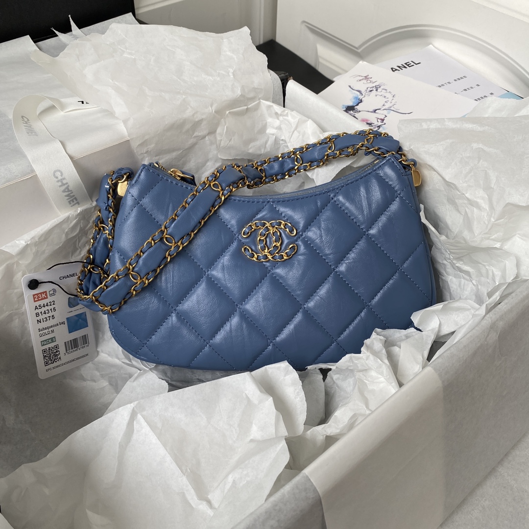 [TOP] CHANEL Hobo 23khobo Wrinkled Cowhide Bag - GHW&Blue - 13.5×23.5×5.3cm/12×20.5×4.5cm