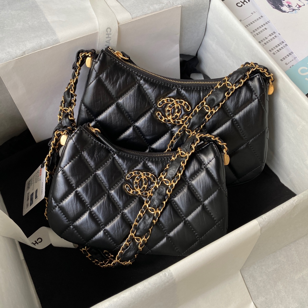 [TOP] CHANEL Hobo 23khobo Wrinkled Cowhide Bag - GHW&Black - 13.5×23.5×5.3cm/12×20.5×4.5cm